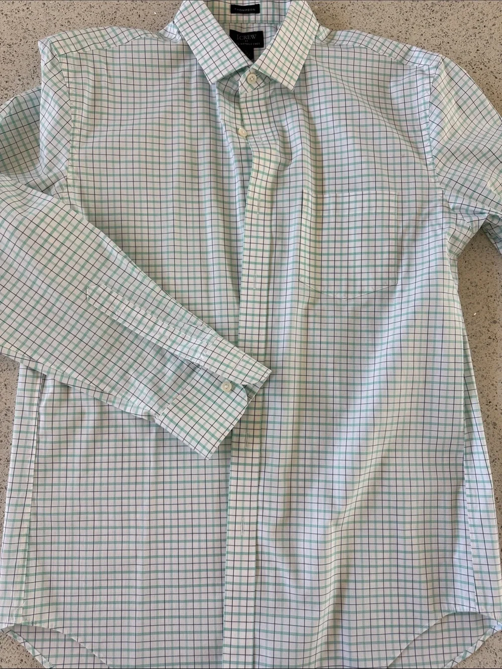 J. Crew Men's White Dress Shirt with Green and Blue Windowpane